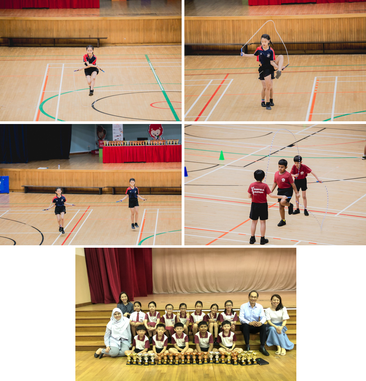 Children in school uniforms jump rope in a gym; a group photo shows students with trophies and two adults.